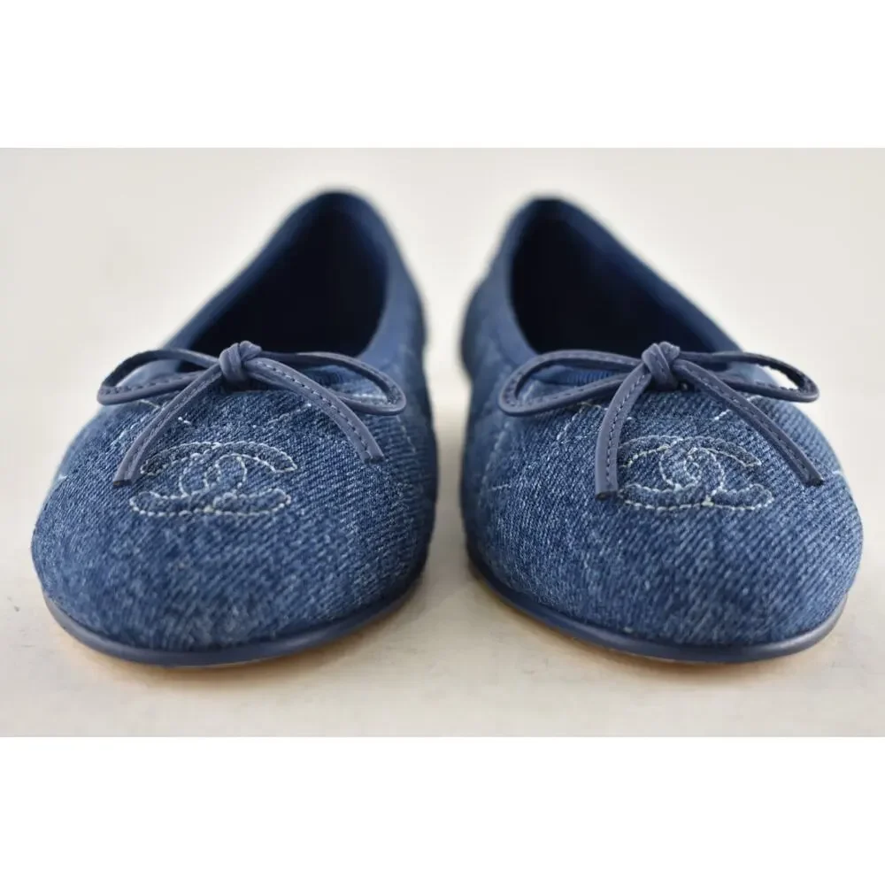 Chanel 26P Washed Denim Blue Quilted CC Logo Bow Tie Ballet Ballerina Flat 38 - Picture 12 of 16